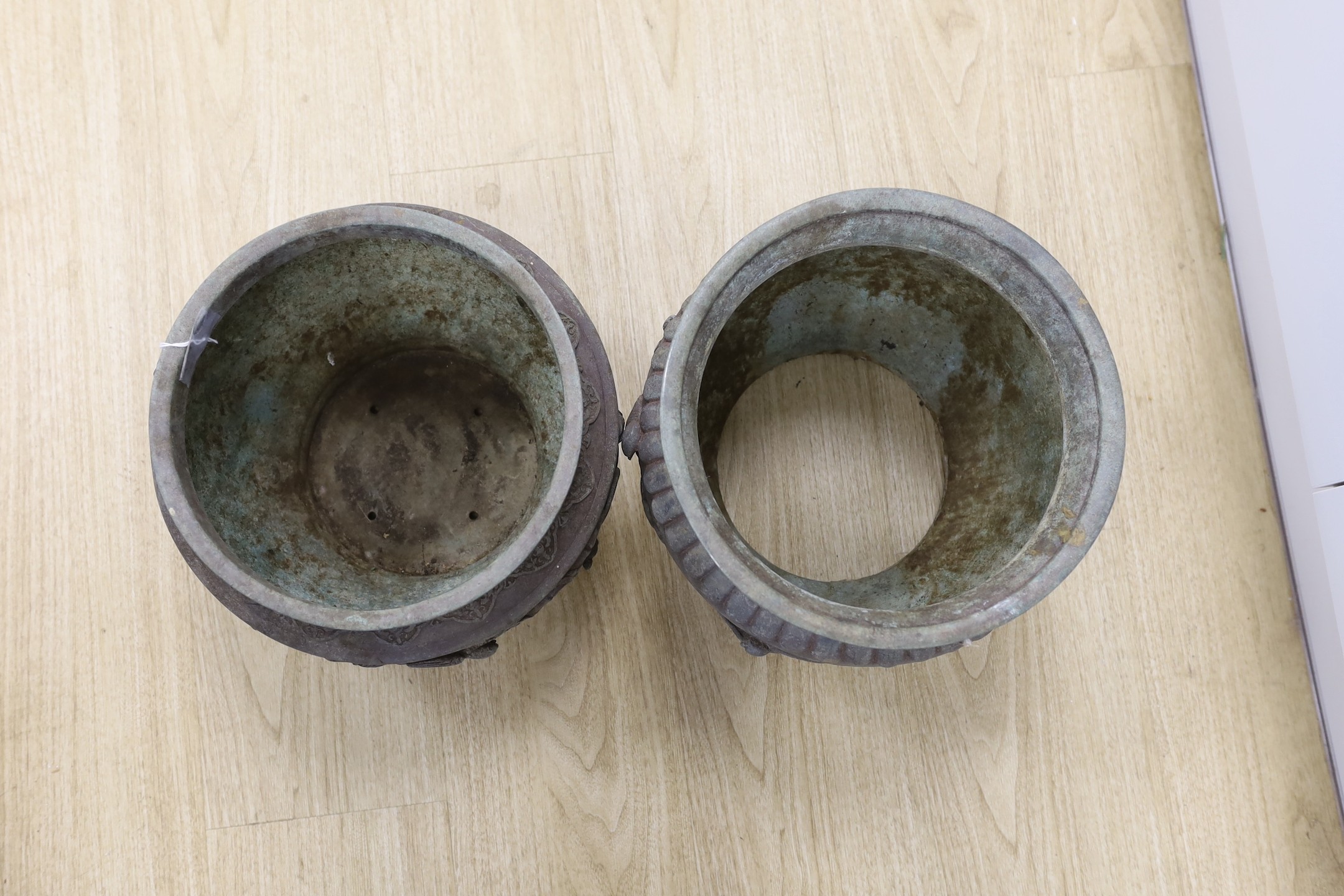 Two Japanese bronze planters, top being 25 cms diameter.